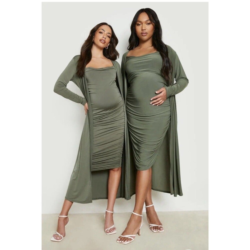 Maternity Strappy Cowl Neck Dress And Duster Coat Olive Green Plus Size 16